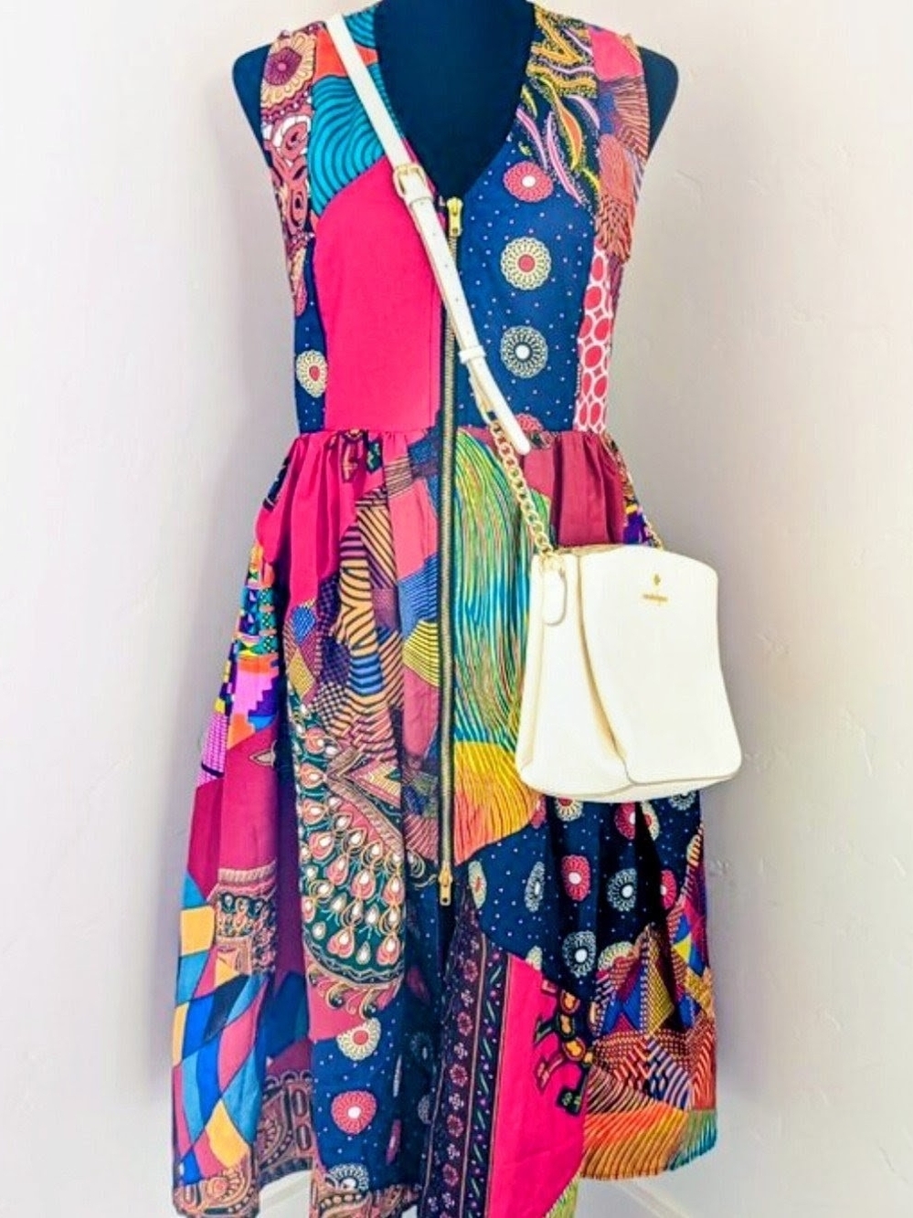 Patchwork African V-Neck Sleeveless Midi Dress in Pink & Navy